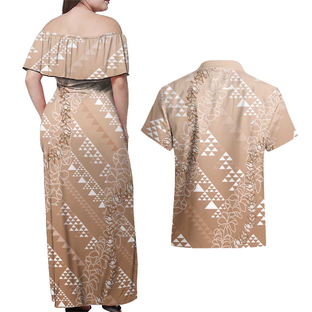 Hawaii Beige Kapa Couples Matching Off Shoulder Maxi Dress and Hawaiian Shirt Vintage 'Ohe Kāpala Motifs Mix Plumeria Leis LT7 - Polynesian Pride