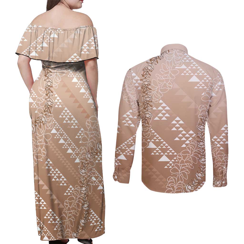Hawaii Beige Kapa Couples Matching Off Shoulder Maxi Dress and Long Sleeve Button Shirt Vintage 'Ohe Kāpala Motifs Mix Plumeria Leis LT7 - Polynesian Pride