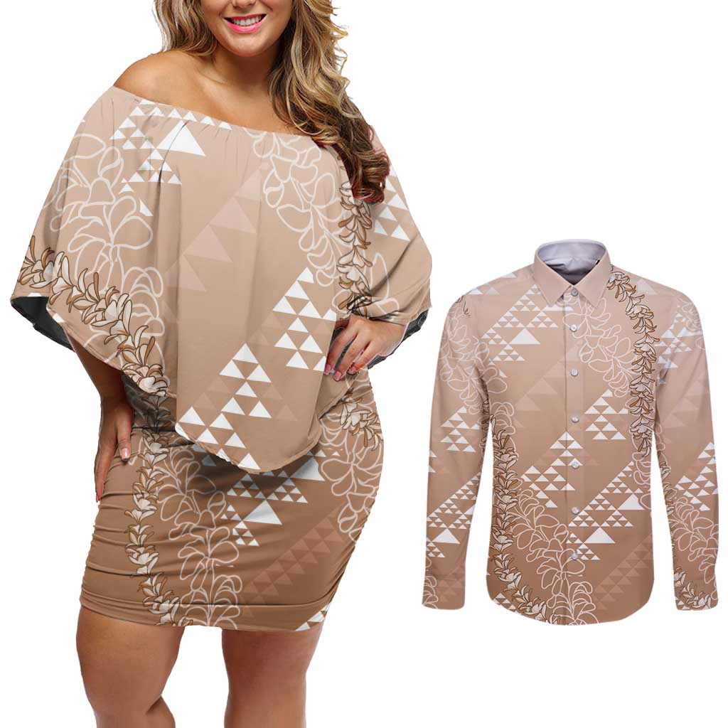Hawaii Beige Kapa Couples Matching Off Shoulder Short Dress and Long Sleeve Button Shirt Vintage 'Ohe Kāpala Motifs Mix Plumeria Leis LT7 Beige - Polynesian Pride