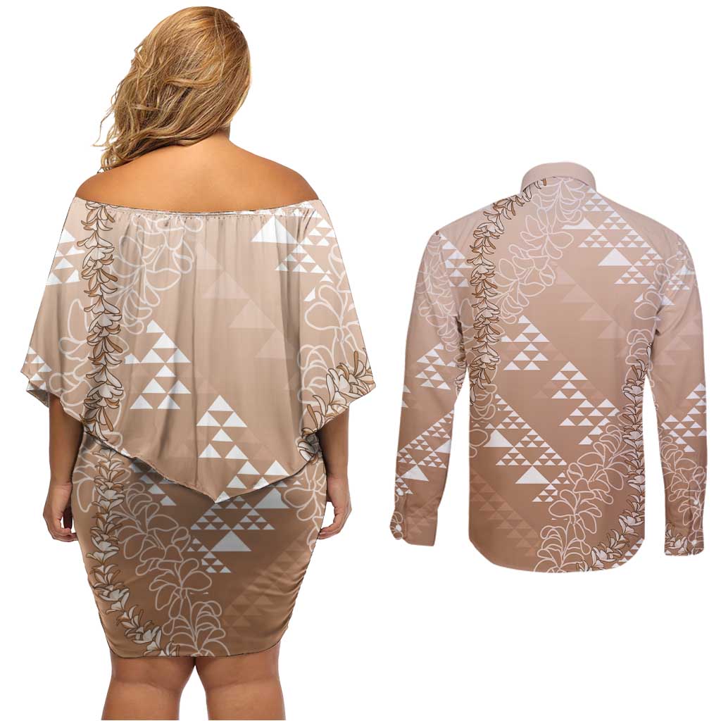 Hawaii Beige Kapa Couples Matching Off Shoulder Short Dress and Long Sleeve Button Shirt Vintage 'Ohe Kāpala Motifs Mix Plumeria Leis LT7 - Polynesian Pride