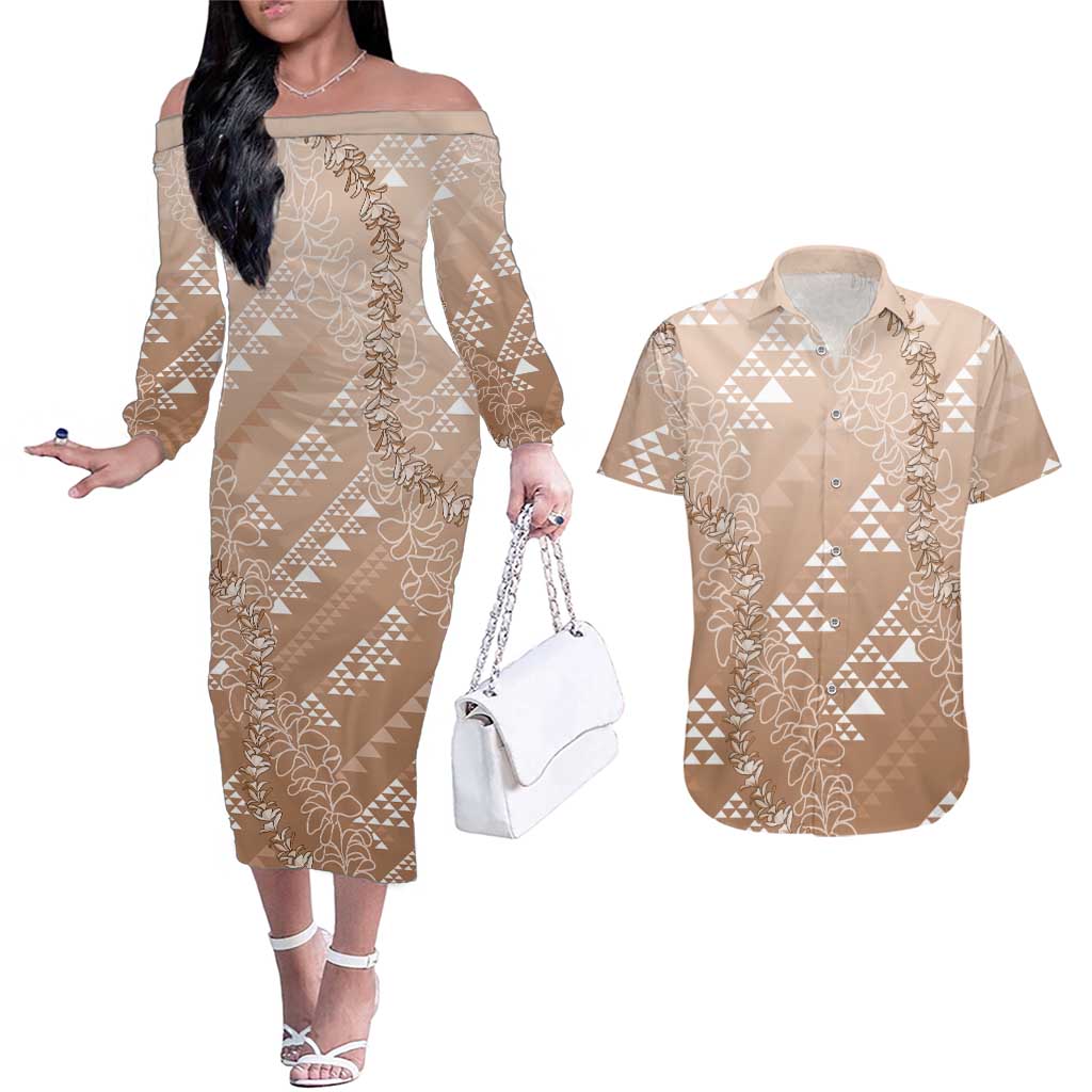 Hawaii Beige Kapa Couples Matching Off The Shoulder Long Sleeve Dress and Hawaiian Shirt Vintage 'Ohe Kāpala Motifs Mix Plumeria Leis LT7 Beige - Polynesian Pride