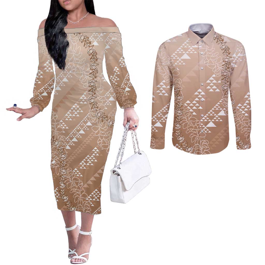 Hawaii Beige Kapa Couples Matching Off The Shoulder Long Sleeve Dress and Long Sleeve Button Shirt Vintage 'Ohe Kāpala Motifs Mix Plumeria Leis LT7 Beige - Polynesian Pride