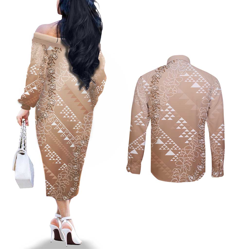 Hawaii Beige Kapa Couples Matching Off The Shoulder Long Sleeve Dress and Long Sleeve Button Shirt Vintage 'Ohe Kāpala Motifs Mix Plumeria Leis LT7 - Polynesian Pride