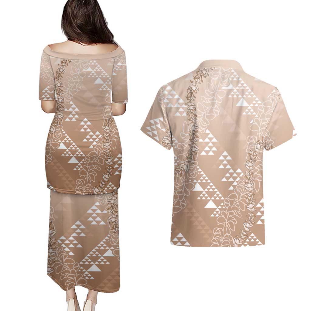 Hawaii Beige Kapa Couples Matching Puletasi and Hawaiian Shirt Vintage 'Ohe Kāpala Motifs Mix Plumeria Leis LT7 - Polynesian Pride