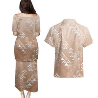 Hawaii Beige Kapa Couples Matching Puletasi and Hawaiian Shirt Vintage 'Ohe Kāpala Motifs Mix Plumeria Leis LT7 - Polynesian Pride