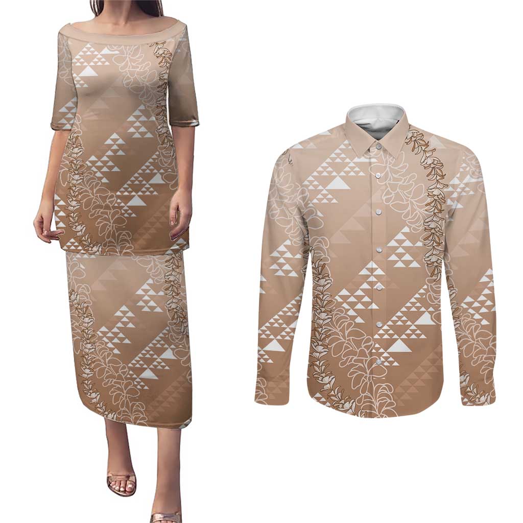 Hawaii Beige Kapa Couples Matching Puletasi and Long Sleeve Button Shirt Vintage 'Ohe Kāpala Motifs Mix Plumeria Leis