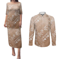 Hawaii Beige Kapa Couples Matching Puletasi and Long Sleeve Button Shirt Vintage 'Ohe Kāpala Motifs Mix Plumeria Leis