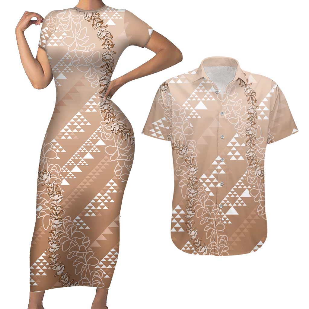 Hawaii Beige Kapa Couples Matching Short Sleeve Bodycon Dress and Hawaiian Shirt Vintage 'Ohe Kāpala Motifs Mix Plumeria Leis