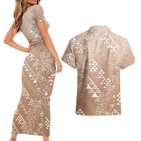 Hawaii Beige Kapa Couples Matching Short Sleeve Bodycon Dress and Hawaiian Shirt Vintage 'Ohe Kāpala Motifs Mix Plumeria Leis LT7 - Polynesian Pride