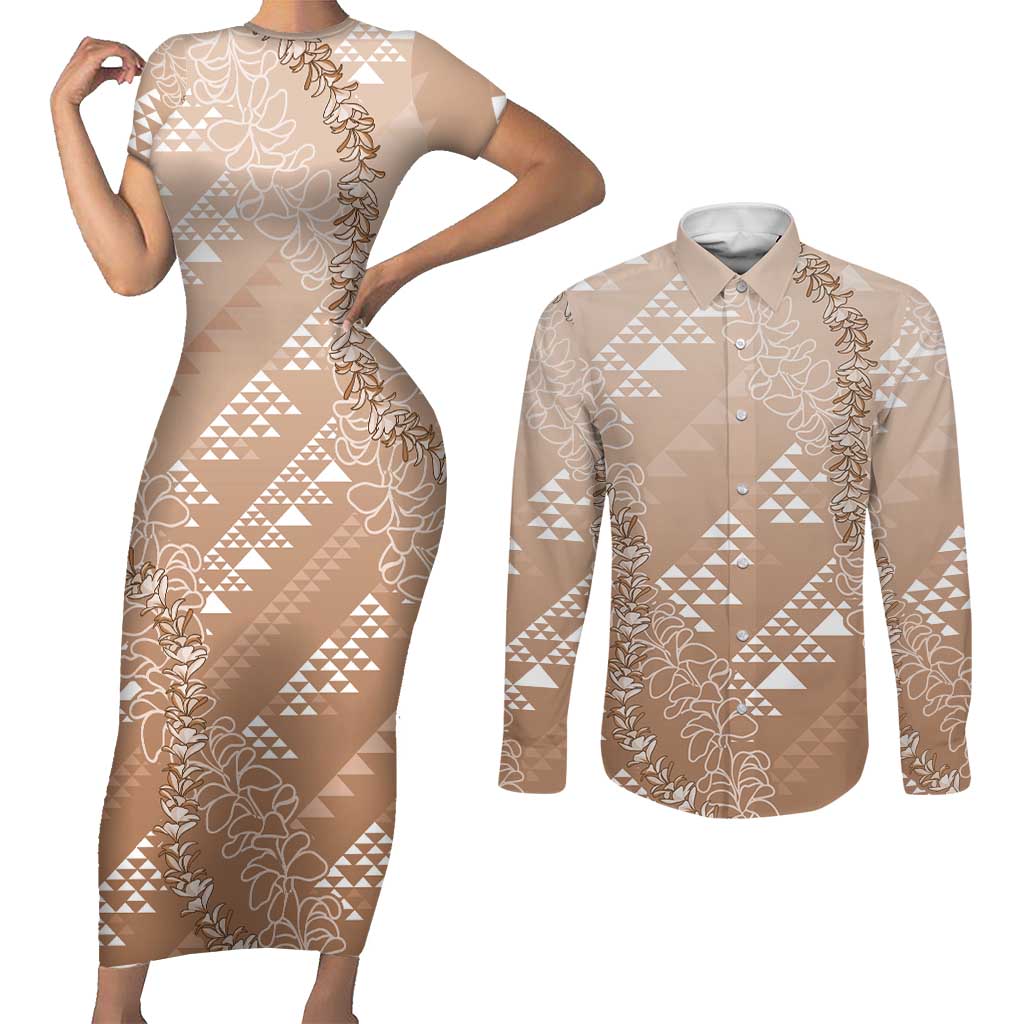 Hawaii Beige Kapa Couples Matching Short Sleeve Bodycon Dress and Long Sleeve Button Shirt Vintage 'Ohe Kāpala Motifs Mix Plumeria Leis LT7 Beige - Polynesian Pride