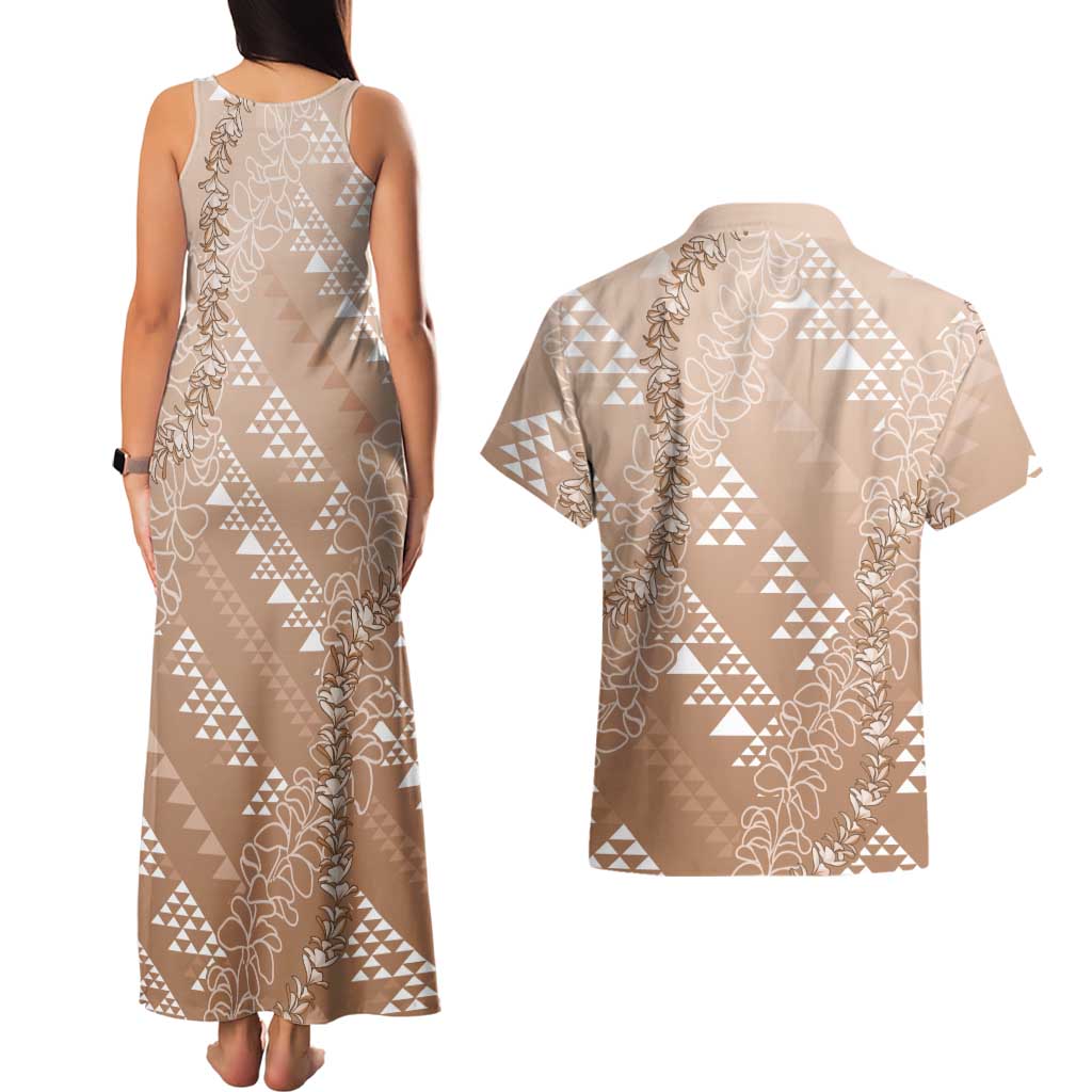 Hawaii Beige Kapa Couples Matching Tank Maxi Dress and Hawaiian Shirt Vintage 'Ohe Kāpala Motifs Mix Plumeria Leis LT7 - Polynesian Pride