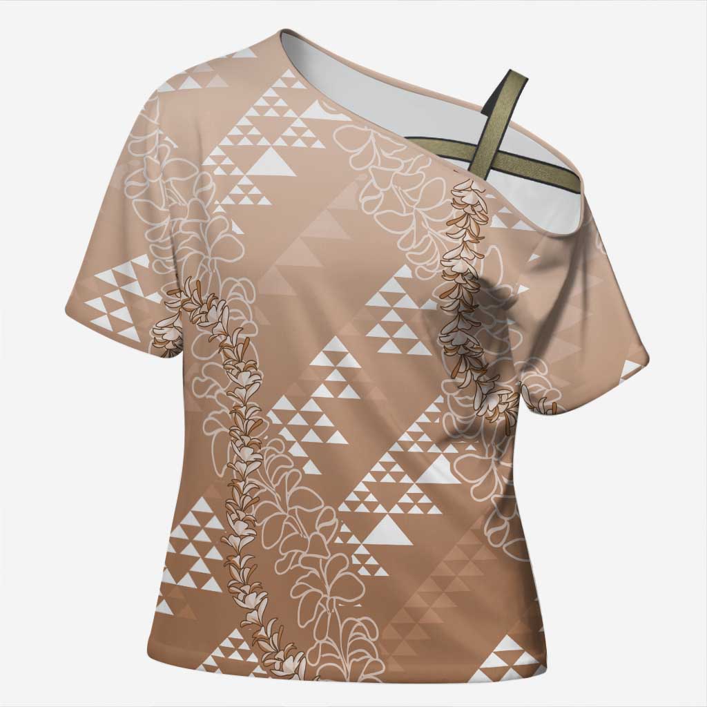 Hawaii Beige Kapa Cross Shoulder Shirt Vintage 'Ohe Kāpala Motifs Mix Plumeria Leis