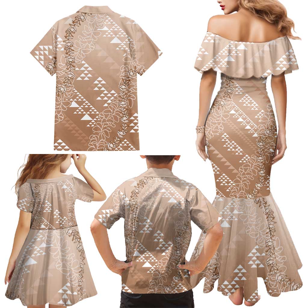 Hawaii Beige Kapa Family Matching Mermaid Dress and Hawaiian Shirt Vintage 'Ohe Kāpala Motifs Mix Plumeria Leis LT7 - Polynesian Pride