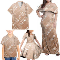 Hawaii Beige Kapa Family Matching Off Shoulder Maxi Dress and Hawaiian Shirt Vintage 'Ohe Kāpala Motifs Mix Plumeria Leis LT7 - Polynesian Pride