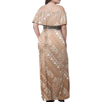 Hawaii Beige Kapa Family Matching Off Shoulder Maxi Dress and Hawaiian Shirt Vintage 'Ohe Kāpala Motifs Mix Plumeria Leis LT7 - Polynesian Pride