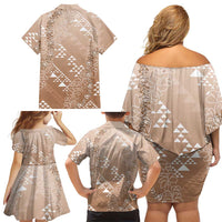Hawaii Beige Kapa Family Matching Off Shoulder Short Dress and Hawaiian Shirt Vintage 'Ohe Kāpala Motifs Mix Plumeria Leis LT7 - Polynesian Pride