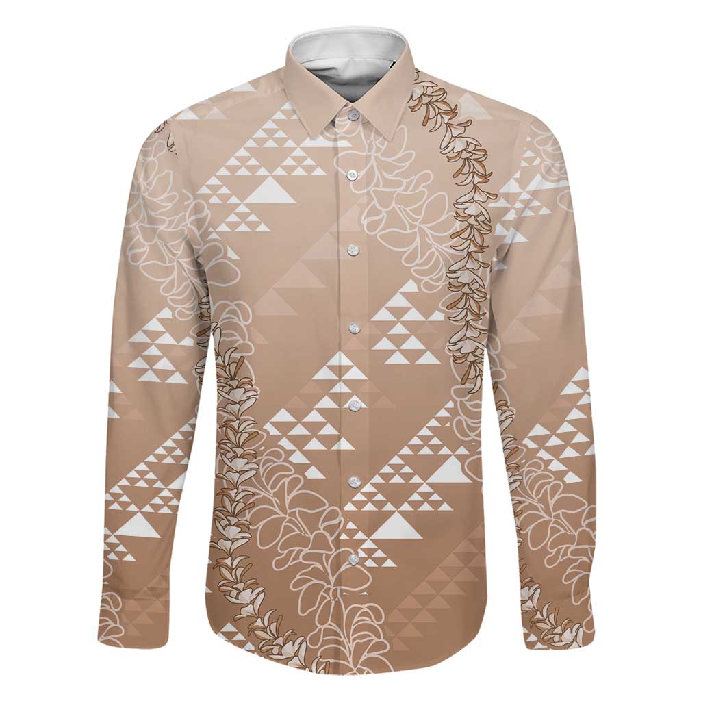 Hawaii Beige Kapa Family Matching Puletasi and Hawaiian Shirt Vintage 'Ohe Kāpala Motifs Mix Plumeria Leis LT7 Dad's Shirt - Long Sleeve Beige - Polynesian Pride