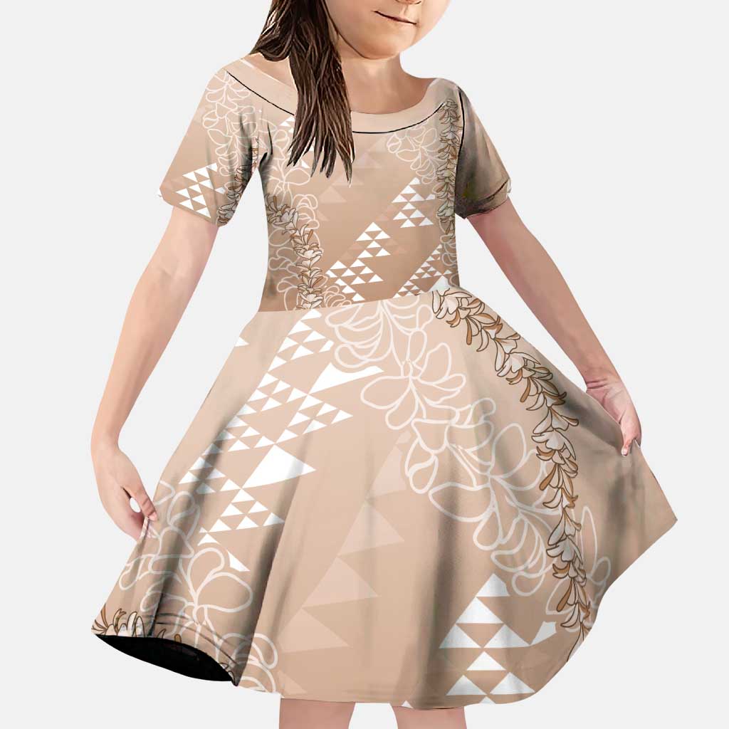 Hawaii Beige Kapa Family Matching Short Sleeve Bodycon Dress and Hawaiian Shirt Vintage 'Ohe Kāpala Motifs Mix Plumeria Leis LT7 Daughter's Dress Beige - Polynesian Pride