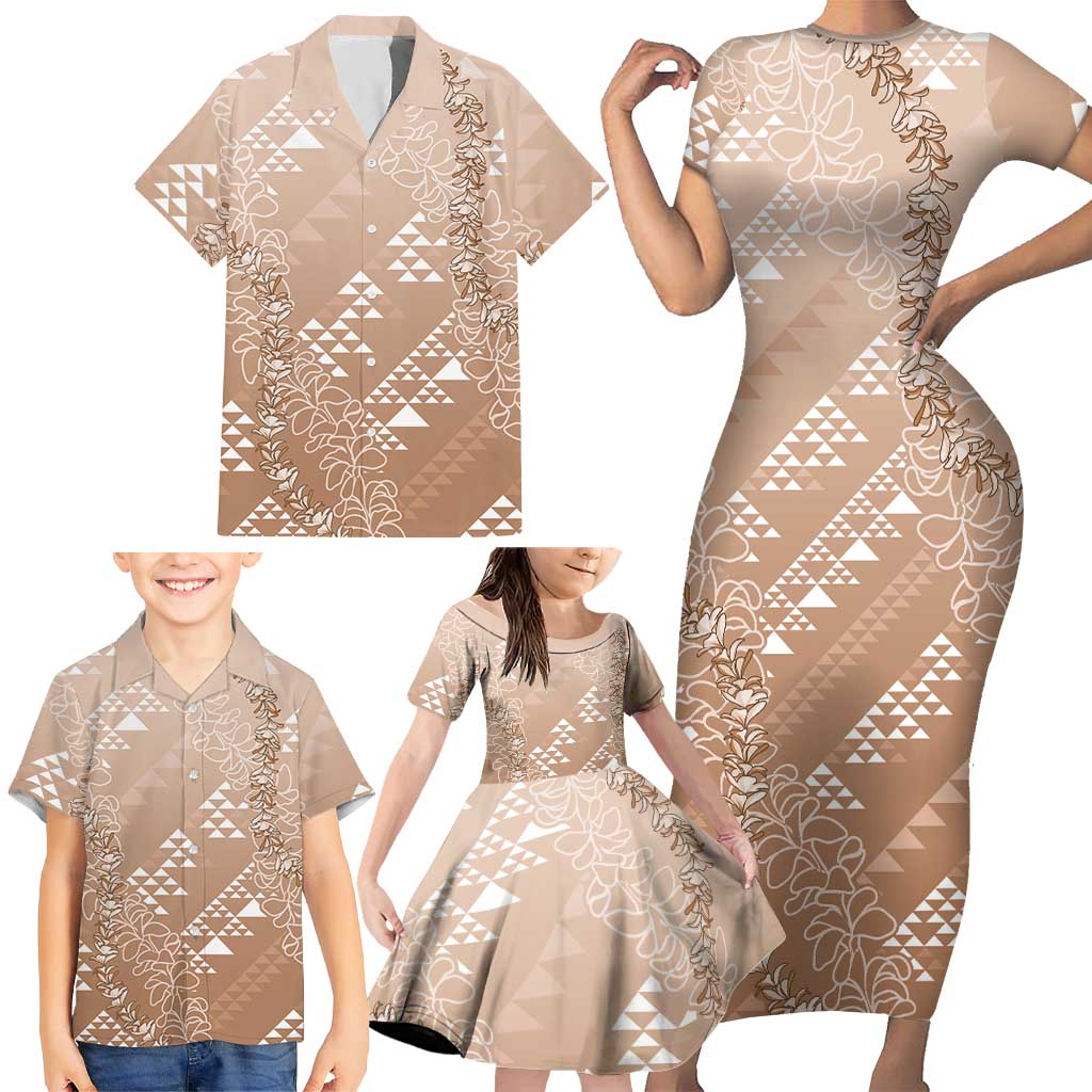 Hawaii Beige Kapa Family Matching Short Sleeve Bodycon Dress and Hawaiian Shirt Vintage 'Ohe Kāpala Motifs Mix Plumeria Leis LT7 - Polynesian Pride