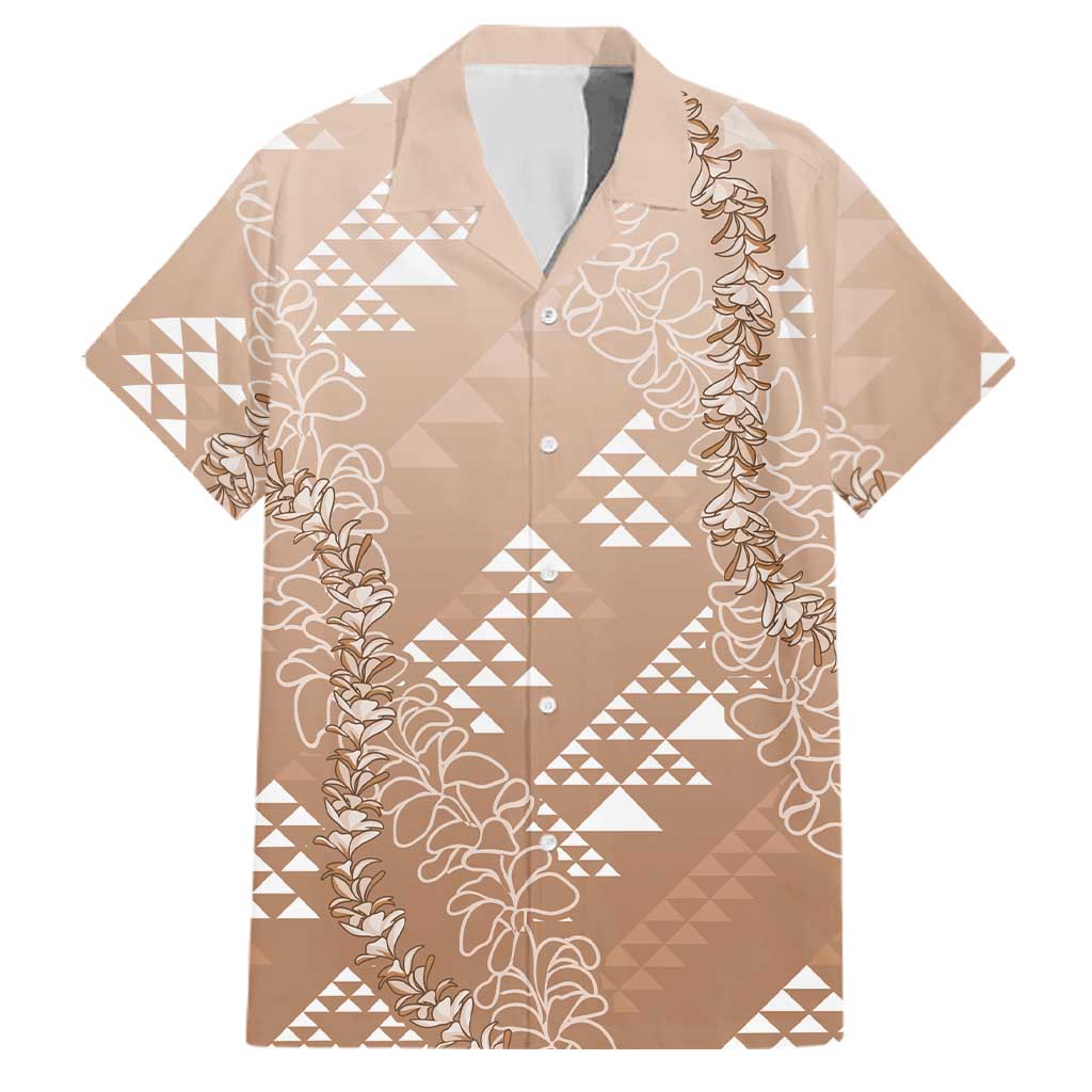Hawaii Beige Kapa Family Matching Summer Maxi Dress and Hawaiian Shirt Vintage 'Ohe Kāpala Motifs Mix Plumeria Leis LT7 Dad's Shirt - Short Sleeve Beige - Polynesian Pride