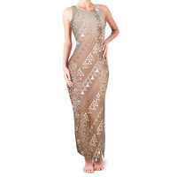 Hawaii Beige Kapa Family Matching Tank Maxi Dress and Hawaiian Shirt Vintage 'Ohe Kāpala Motifs Mix Plumeria Leis LT7 Mom's Dress Beige - Polynesian Pride