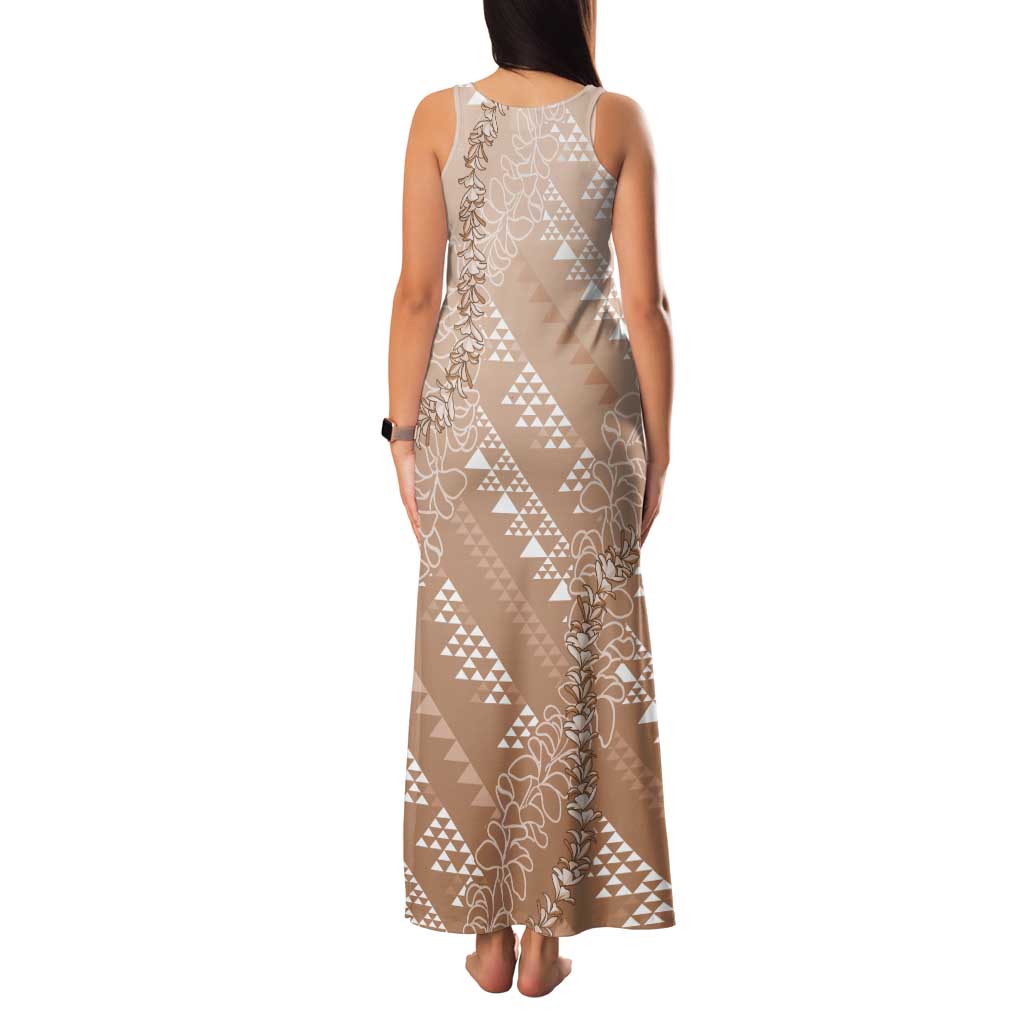 Hawaii Beige Kapa Family Matching Tank Maxi Dress and Hawaiian Shirt Vintage 'Ohe Kāpala Motifs Mix Plumeria Leis LT7 - Polynesian Pride