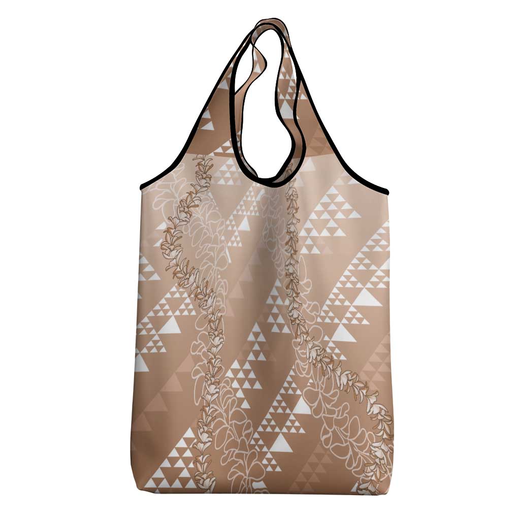 Hawaii Beige Kapa Grocery Bag Vintage 'Ohe Kāpala Motifs Mix Plumeria Leis