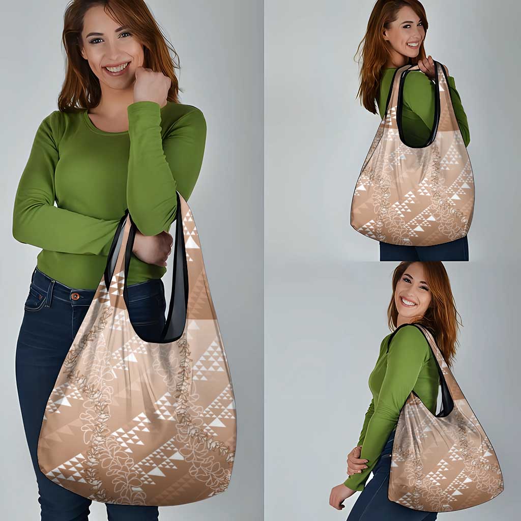 Hawaii Beige Kapa Grocery Bag Vintage 'Ohe Kāpala Motifs Mix Plumeria Leis