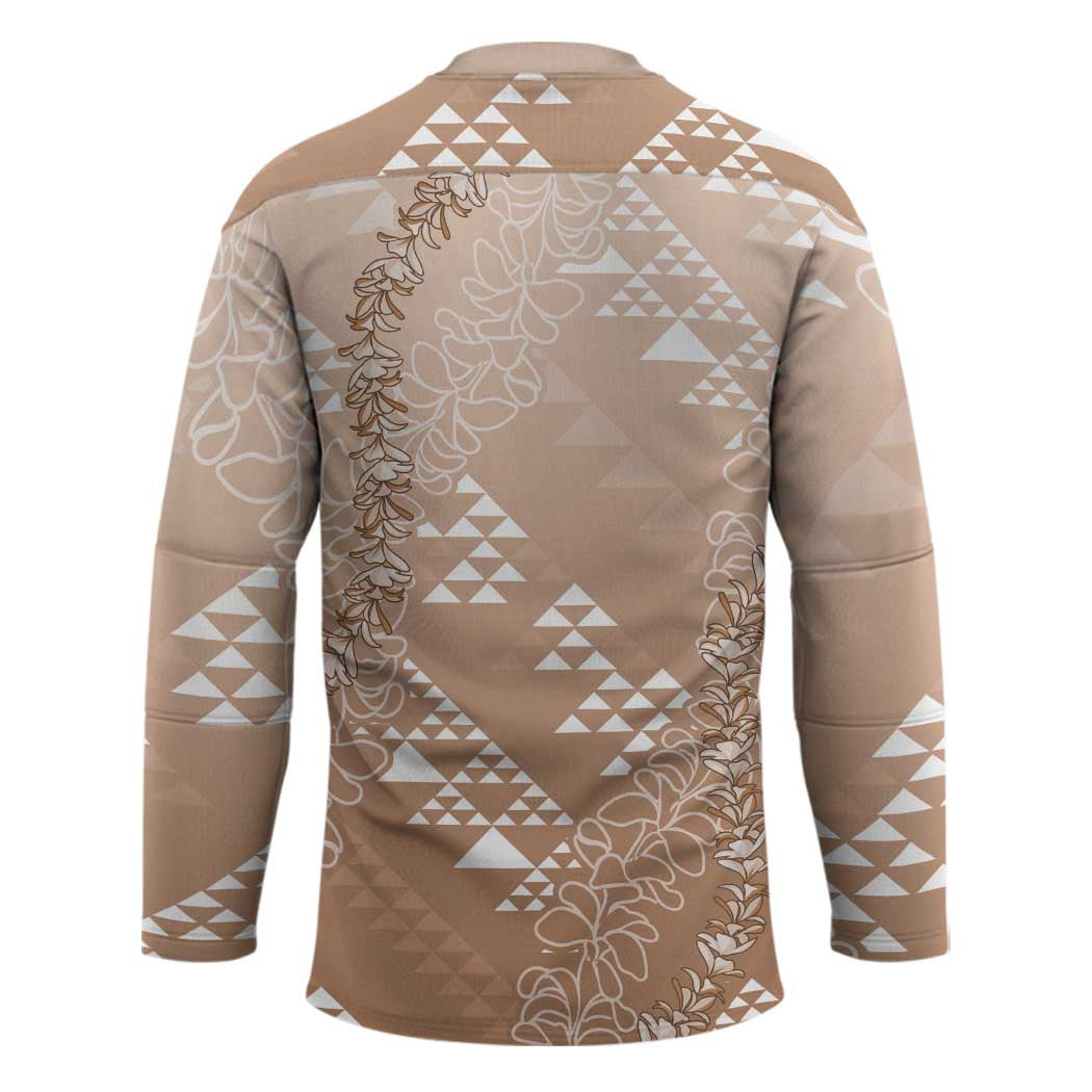 Hawaii Beige Kapa Hockey Jersey Vintage 'Ohe Kāpala Motifs Mix Plumeria Leis