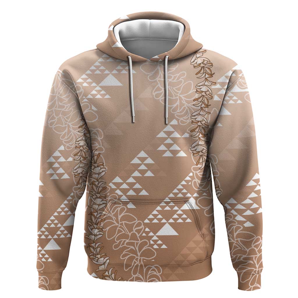 Hawaii Beige Kapa Hoodie Vintage 'Ohe Kāpala Motifs Mix Plumeria Leis