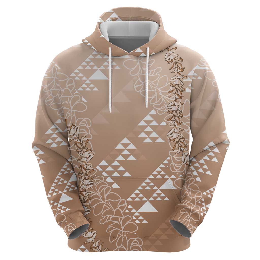 Hawaii Beige Kapa Hoodie Vintage 'Ohe Kāpala Motifs Mix Plumeria Leis