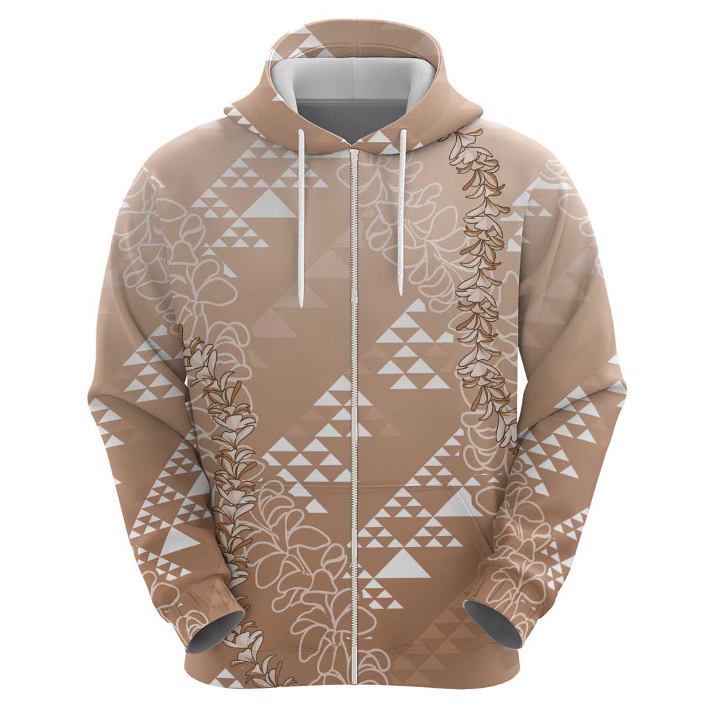 Hawaii Beige Kapa Hoodie Vintage 'Ohe Kāpala Motifs Mix Plumeria Leis