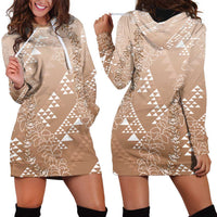 Hawaii Beige Kapa Hoodie Dress Vintage 'Ohe Kāpala Motifs Mix Plumeria Leis LT7 - Polynesian Pride