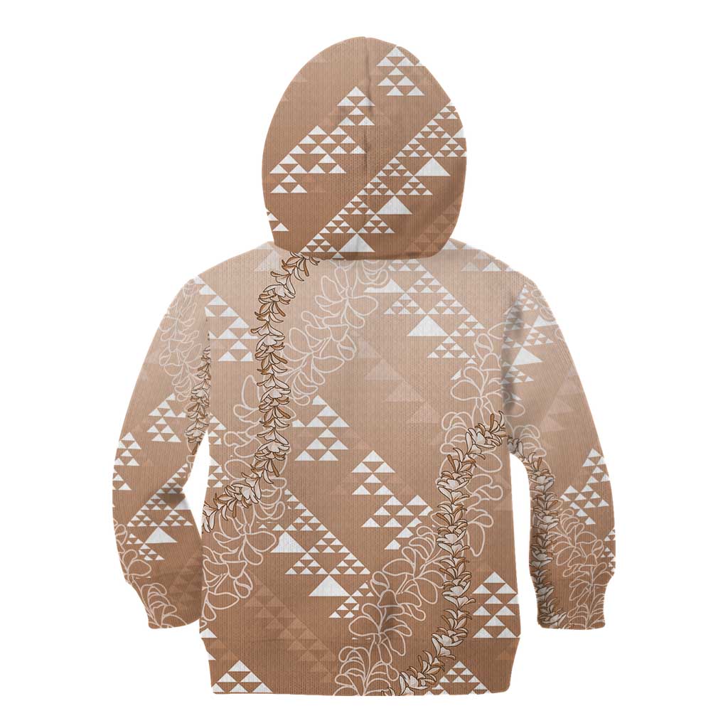 Hawaii Beige Kapa Kid Hoodie Vintage 'Ohe Kāpala Motifs Mix Plumeria Leis