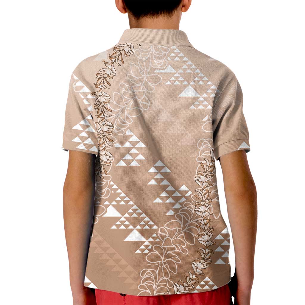 Hawaii Beige Kapa Kid Polo Shirt Vintage 'Ohe Kāpala Motifs Mix Plumeria Leis