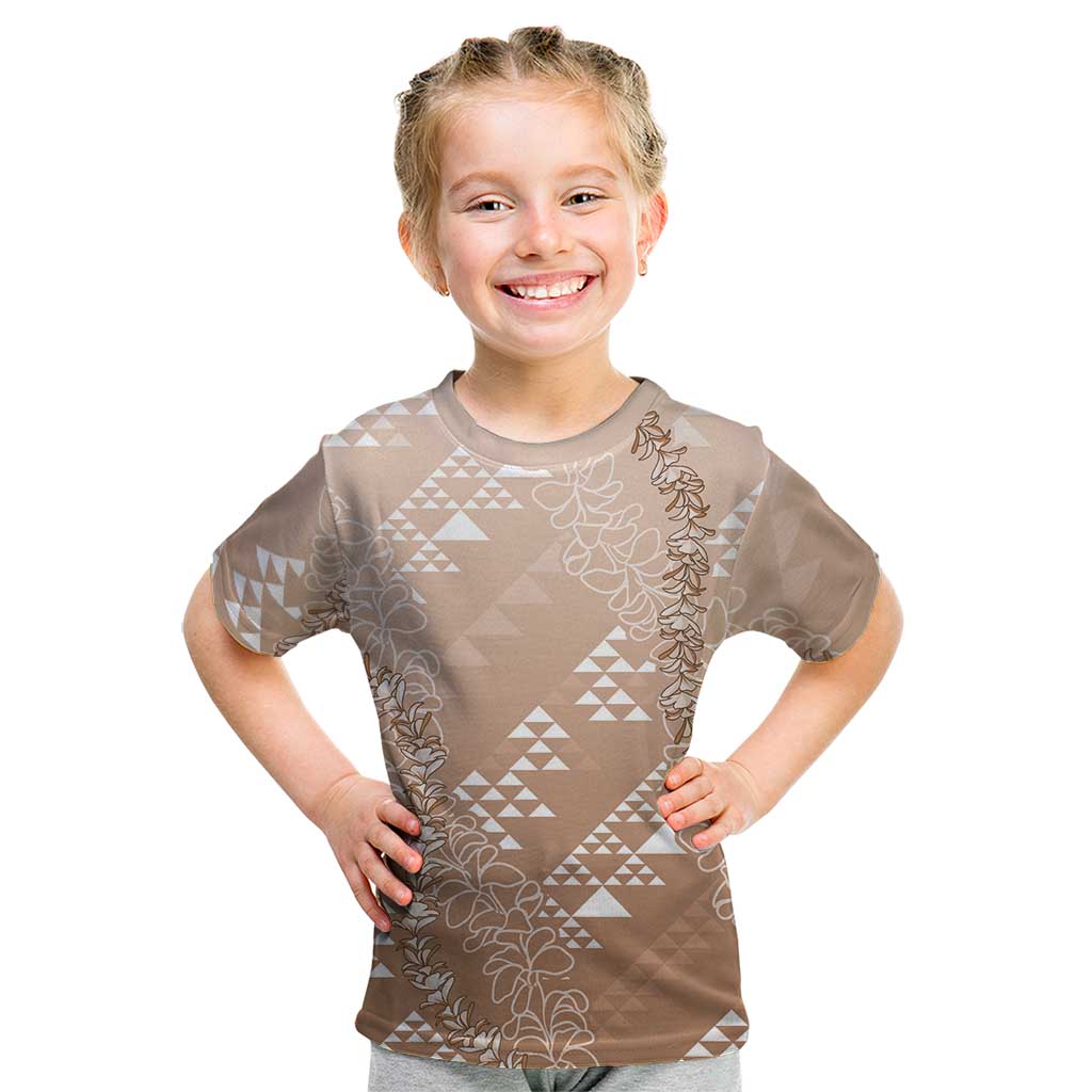 Hawaii Beige Kapa Kid T Shirt Vintage 'Ohe Kāpala Motifs Mix Plumeria Leis