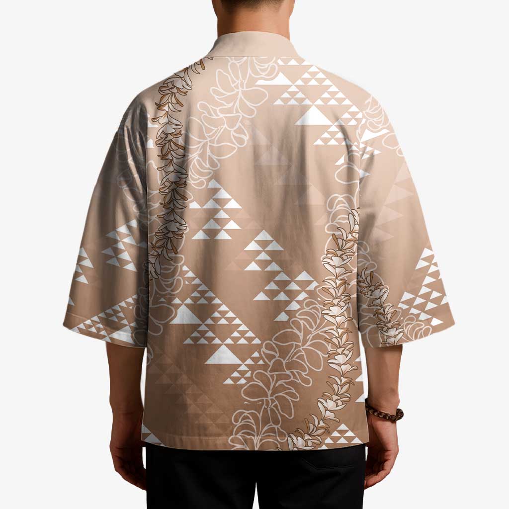 Hawaii Beige Kapa Kimono Vintage 'Ohe Kāpala Motifs Mix Plumeria Leis