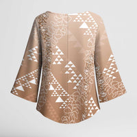 Hawaii Beige Kapa Kimono Sleeve Blouse Vintage 'Ohe Kāpala Motifs Mix Plumeria Leis