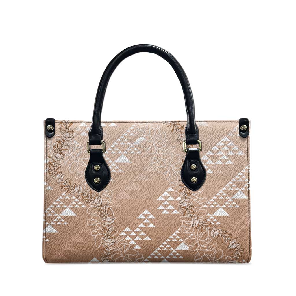 Hawaii Beige Kapa Leather Bag Vintage 'Ohe Kāpala Motifs Mix Plumeria Leis