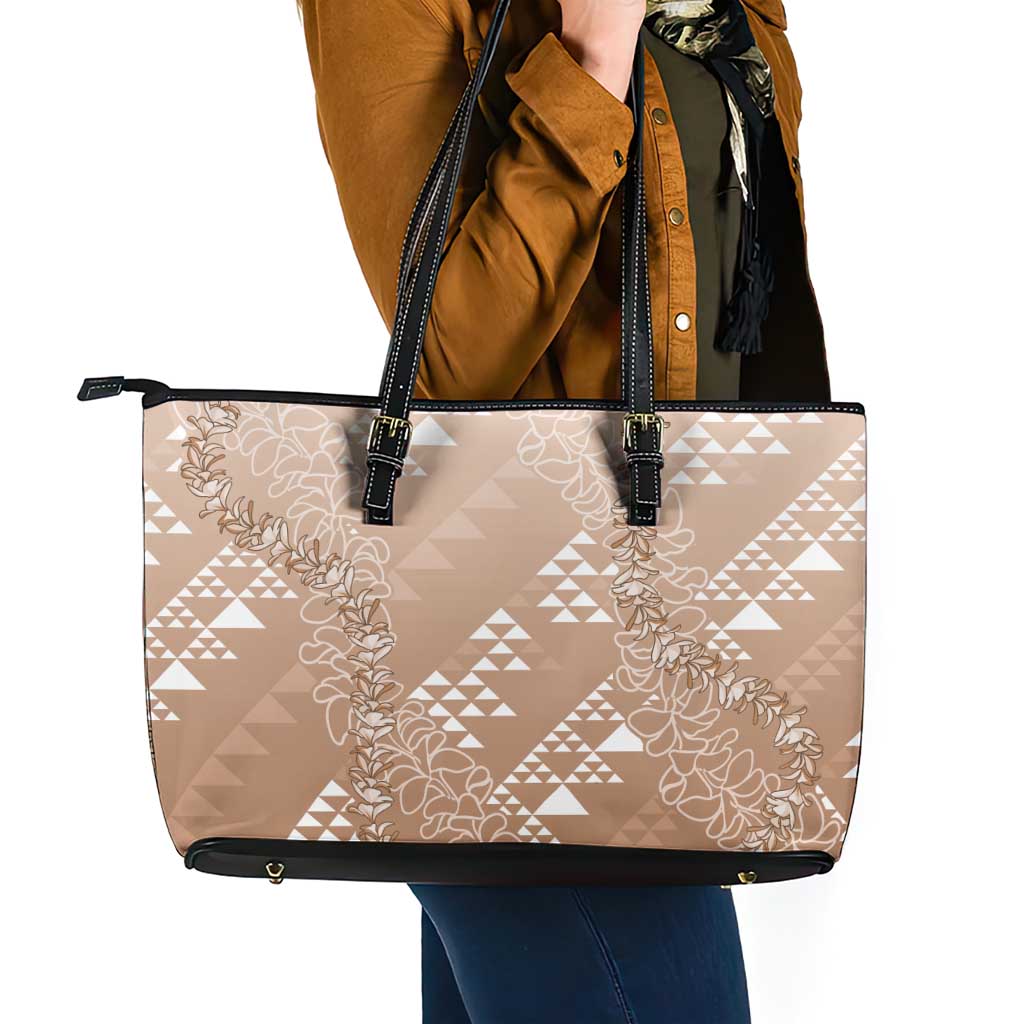 Hawaii Beige Kapa Leather Tote Bag Vintage 'Ohe Kāpala Motifs Mix Plumeria Leis