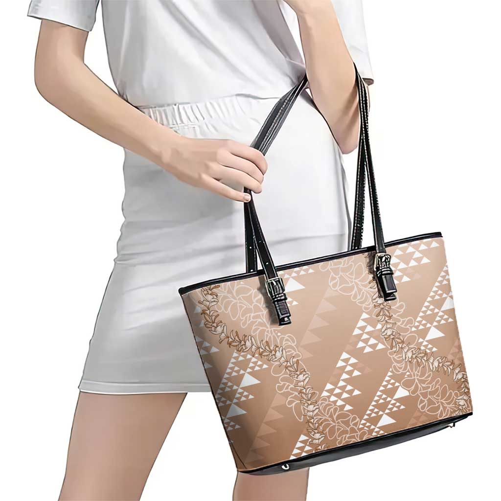 Hawaii Beige Kapa Leather Tote Bag Vintage 'Ohe Kāpala Motifs Mix Plumeria Leis