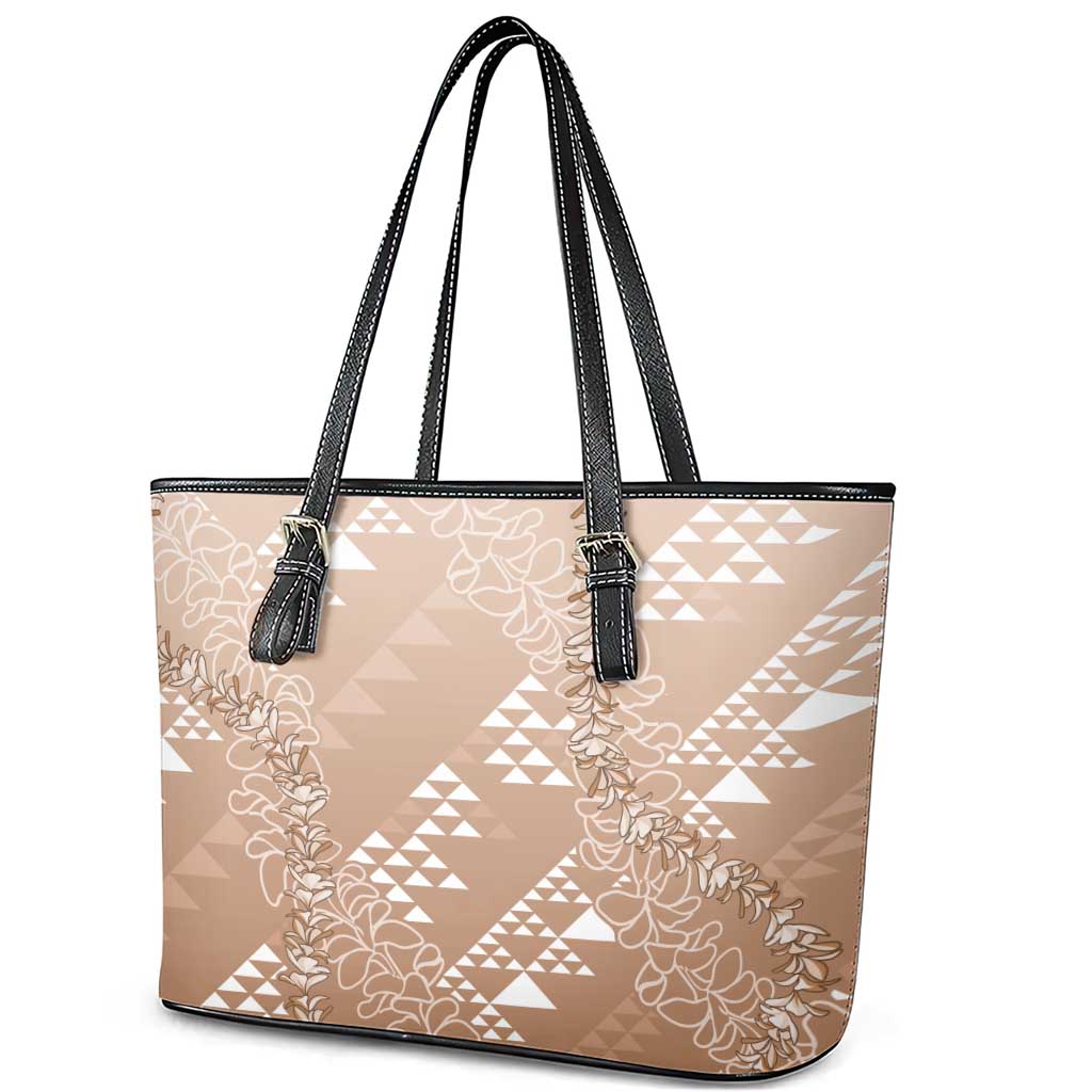 Hawaii Beige Kapa Leather Tote Bag Vintage 'Ohe Kāpala Motifs Mix Plumeria Leis