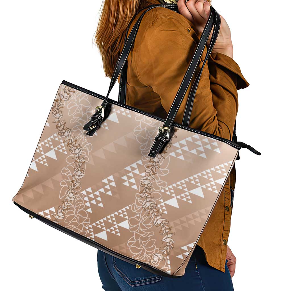 Hawaii Beige Kapa Leather Tote Bag Vintage 'Ohe Kāpala Motifs Mix Plumeria Leis