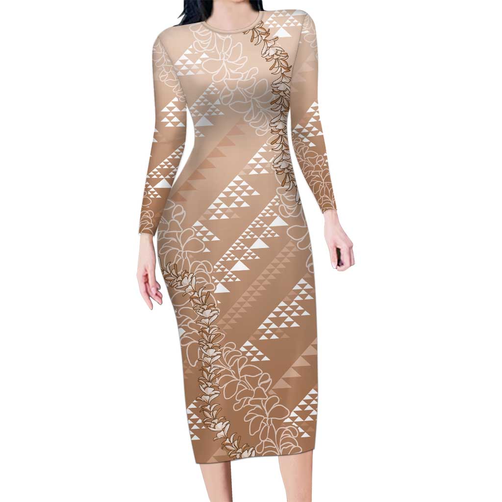 Hawaii Beige Kapa Long Sleeve Bodycon Dress Vintage 'Ohe Kāpala Motifs Mix Plumeria Leis