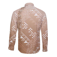 Hawaii Beige Kapa Long Sleeve Button Shirt Vintage 'Ohe Kāpala Motifs Mix Plumeria Leis