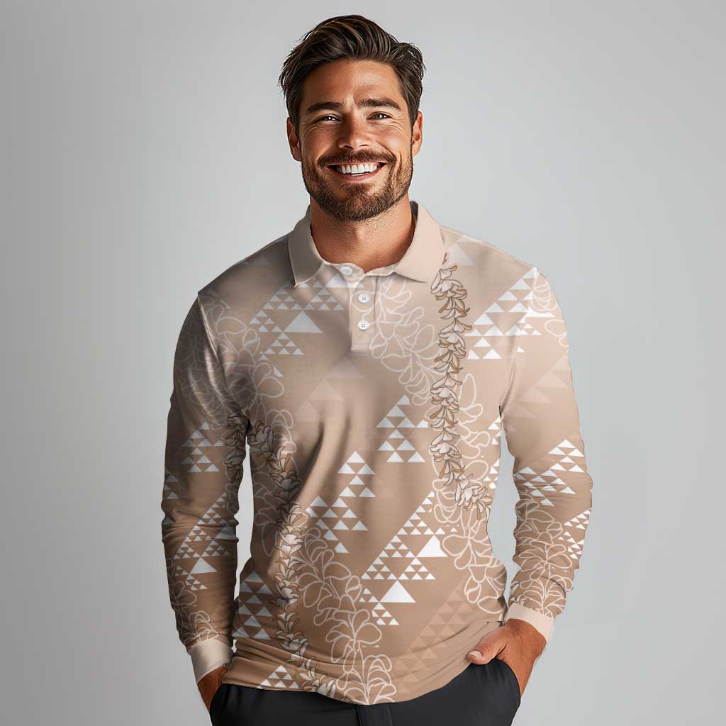 Hawaii Beige Kapa Long Sleeve Polo Shirt Vintage 'Ohe Kāpala Motifs Mix Plumeria Leis