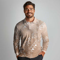 Hawaii Beige Kapa Long Sleeve Polo Shirt Vintage 'Ohe Kāpala Motifs Mix Plumeria Leis