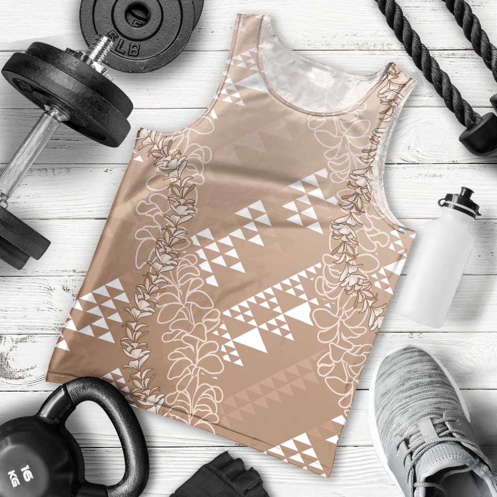 Hawaii Beige Kapa Men Tank Top Vintage 'Ohe Kāpala Motifs Mix Plumeria Leis
