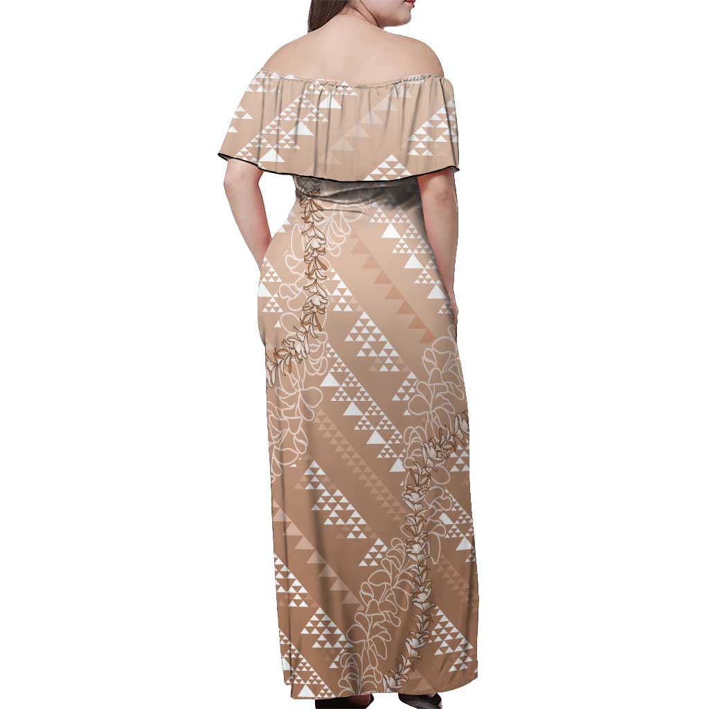 Hawaii Beige Kapa Off Shoulder Maxi Dress Vintage 'Ohe Kāpala Motifs Mix Plumeria Leis