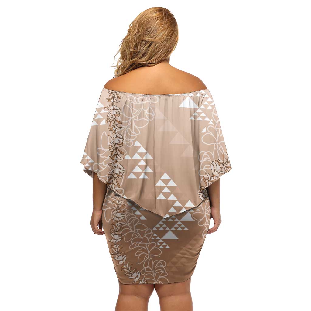 Hawaii Beige Kapa Off Shoulder Short Dress Vintage 'Ohe Kāpala Motifs Mix Plumeria Leis